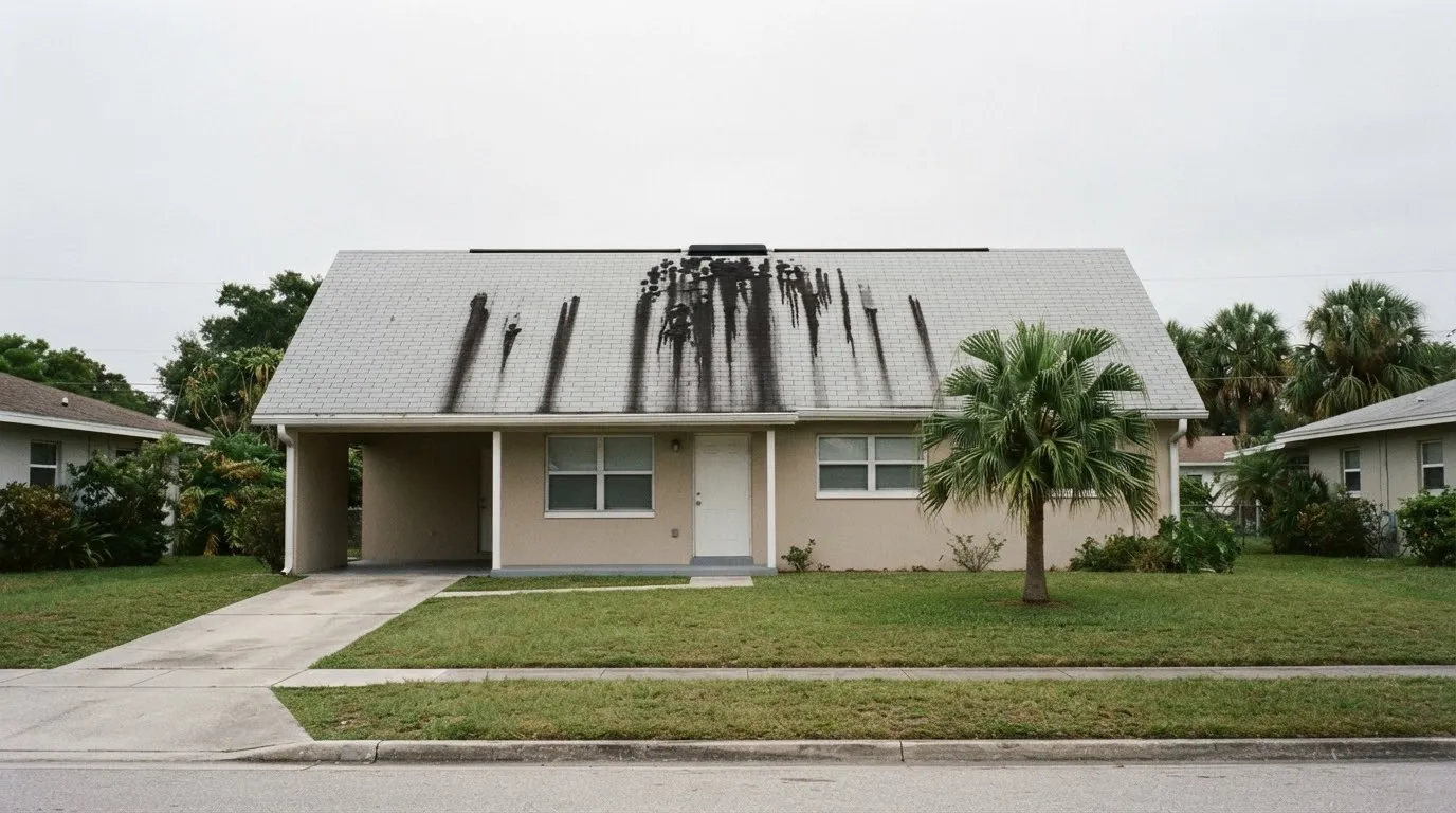 Black algae streaks running down the front slope of a light gray shingle roof