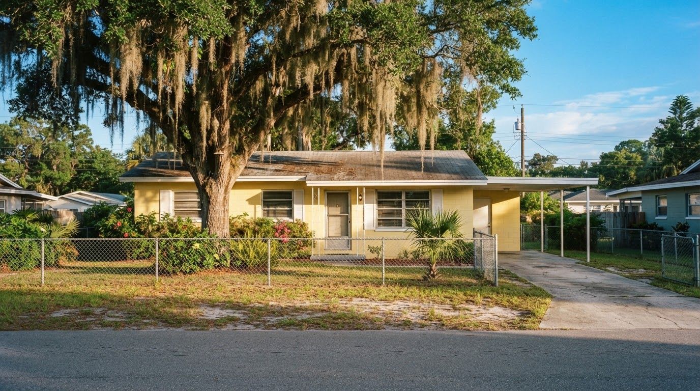 Yellow 1950s block house with jalousie windows, a low shingle roof and a flat-roofed carport under an oak