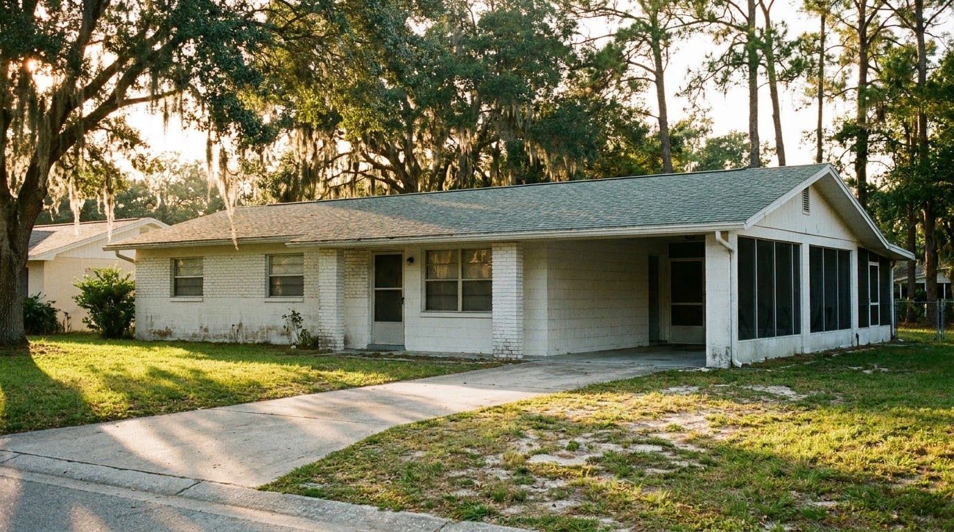 Single-story 1970s ranch house with white painted brick, a long low shingle roof and a carport