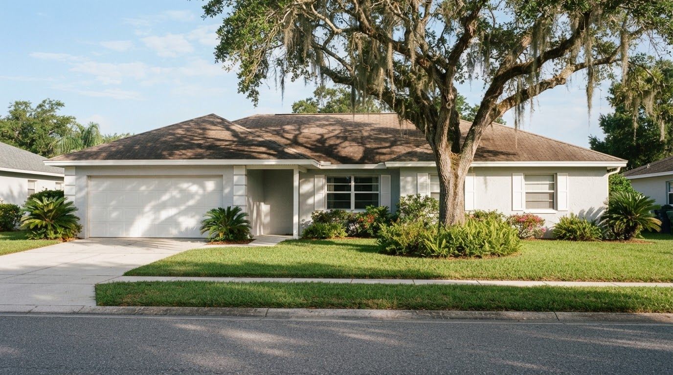 Single-story block ranch house with a weathered brown shingle hip roof under a live oak