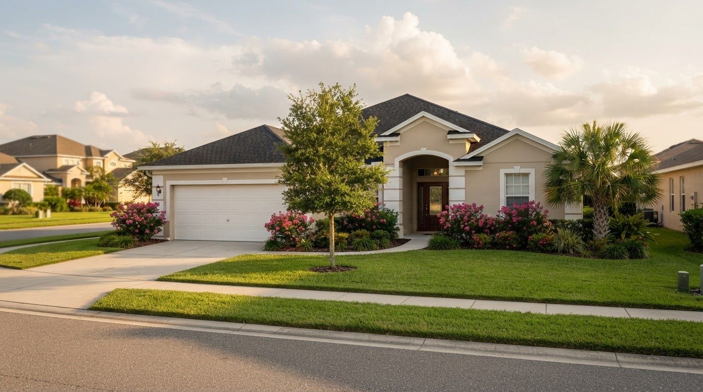 Single-story tan stucco house with a charcoal shingle hip roof on a curved suburban street