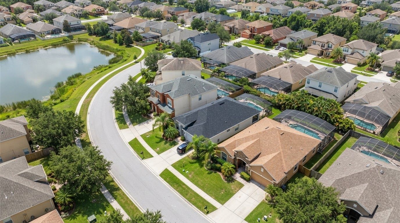 Aerial view of a 2000s subdivision with weathered shingle roofs, a few darker new roofs, pool cages and a pond
