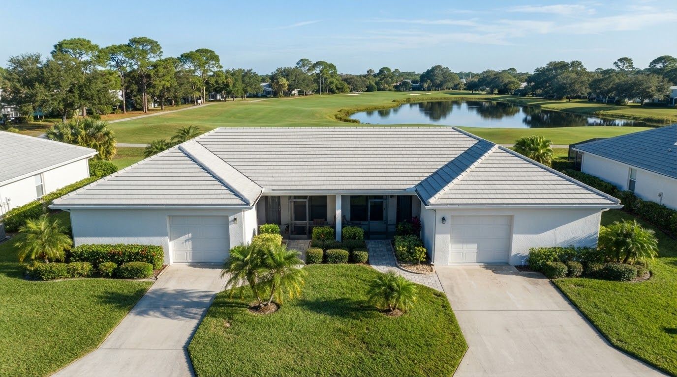 Two attached single-story villas sharing one long gray concrete tile roof, with a fairway and pond behind