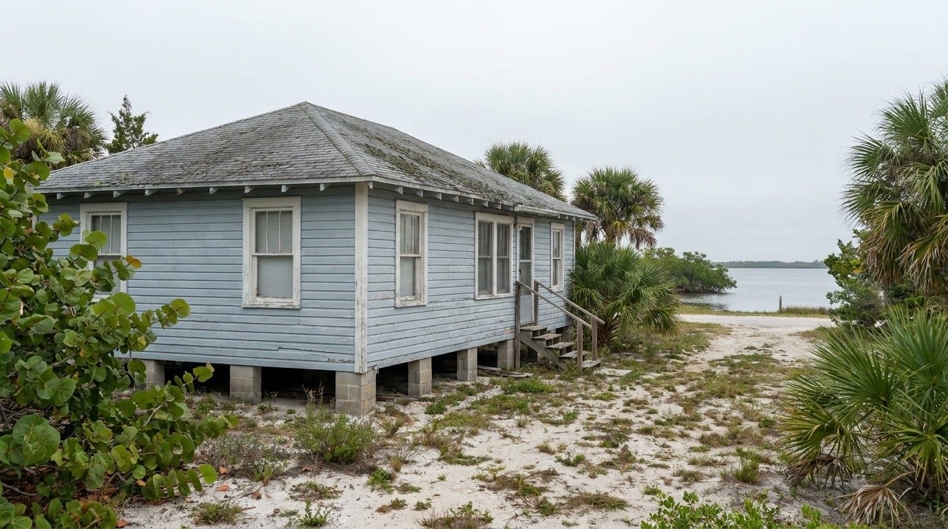 Raised light blue frame cottage with a gray shingle roof near the bay, with sea grape and cabbage palms