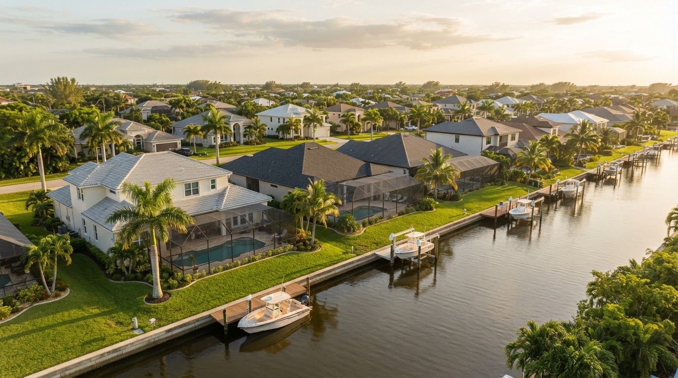 Aerial view of two-story stucco houses with tile and shingle roofs backing onto a canal with docks and boat lifts