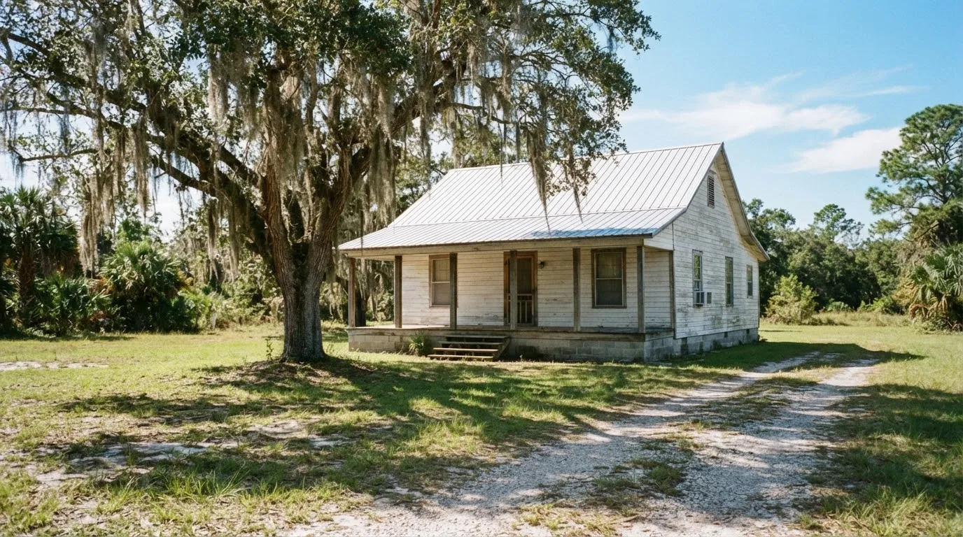 White wood-frame house with a 5V metal roof and a deep front porch under a mossy live oak