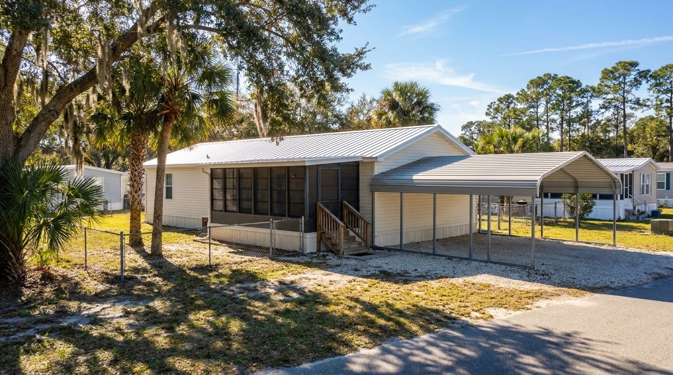 Single-wide manufactured home with a white metal roof-over, a screened porch and a metal carport
