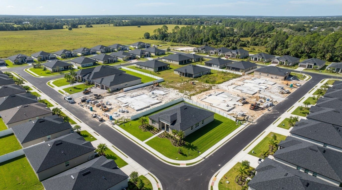 Aerial view of a new subdivision with fresh charcoal shingle roofs, new sod and a few bare lots