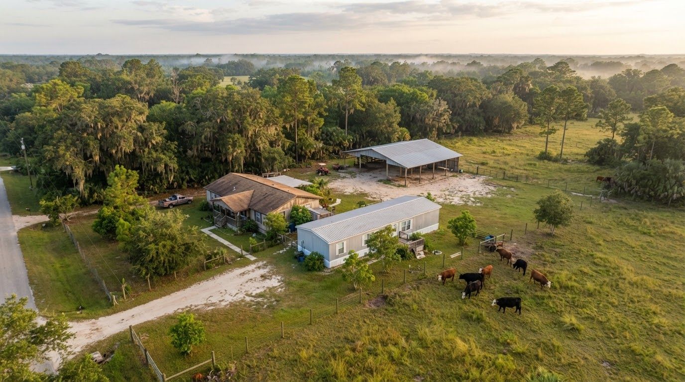 Aerial view of a rural lot with a shingle-roofed house, a manufactured home and a metal-roofed pole barn by a pasture