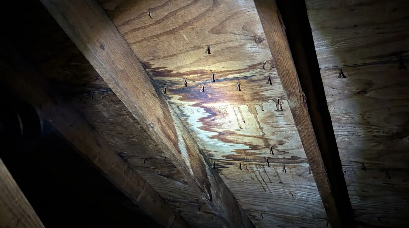 Water stain and drip marks on the underside of plywood roof decking between rafters, lit by a flashlight