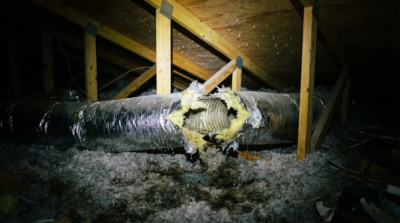 Foil-jacketed AC flex duct torn open in an attic, with damp insulation underneath