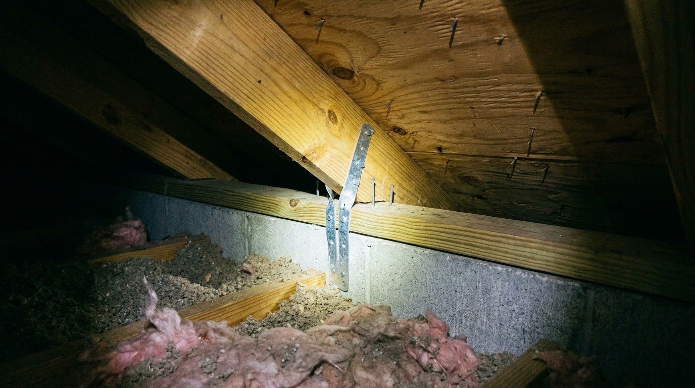 Galvanized hurricane strap tying a wooden roof truss to a block wall, seen in an attic by flashlight