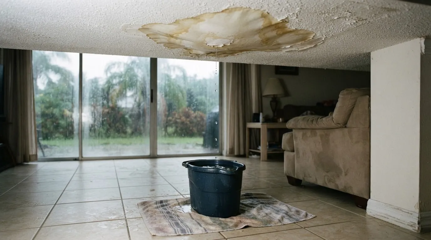 Brown water stain on a living room ceiling dripping into a bucket on a towel