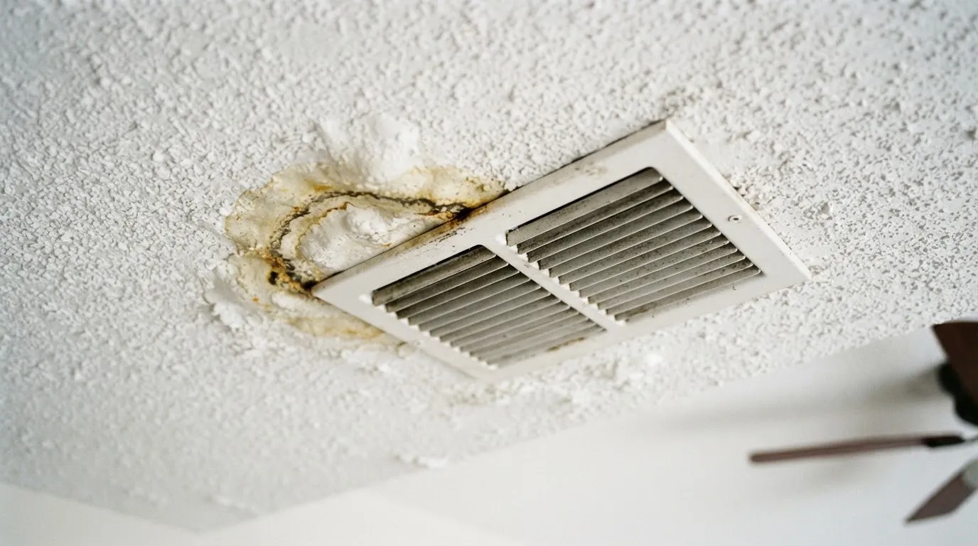 Brown water stain spreading across a popcorn ceiling next to an AC supply vent
