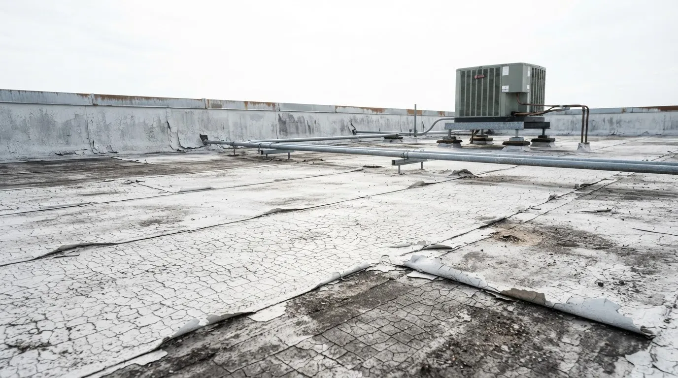 White coating on a flat roof cracked all over and peeling, with pipes and an AC unit on the roof