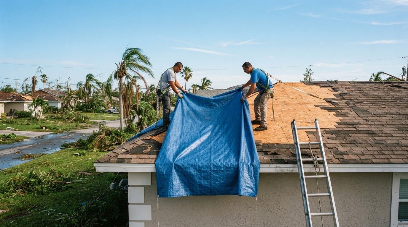 Two workers in harnesses pulling a blue tarp across a damaged shingle roof after a storm