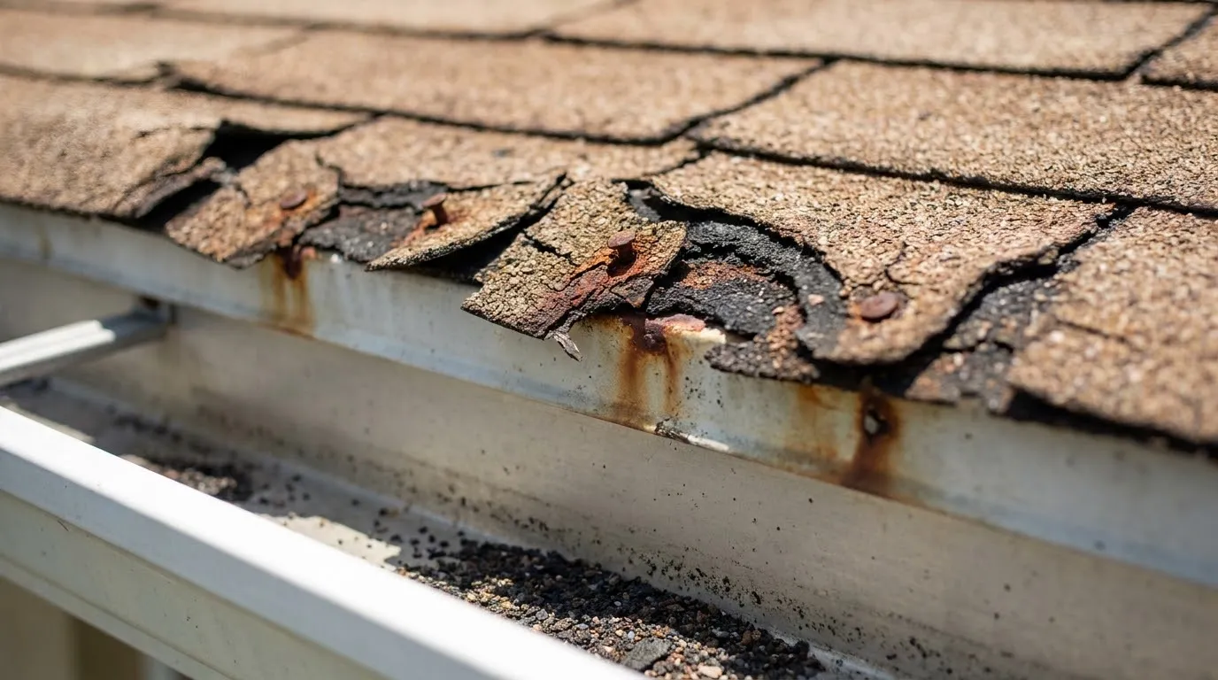 Curled, torn asphalt shingles with rusted nail heads showing above a gutter holding loose granules
