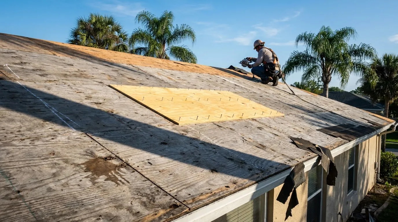 Roof stripped to old plywood decking with one new sheet nailed in and a roofer working beyond it