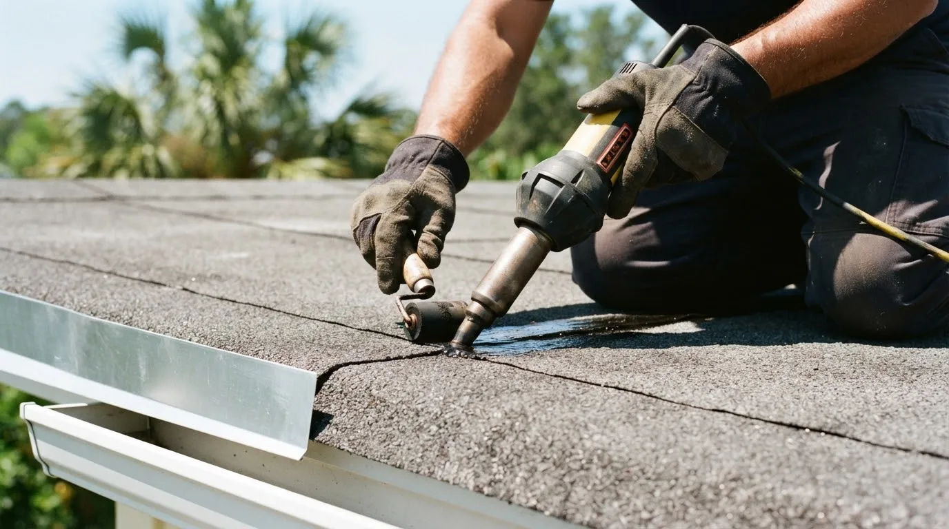 Gloved hands sealing a seam of modified bitumen roll roofing on a low-slope porch roof with a heat gun and roller
