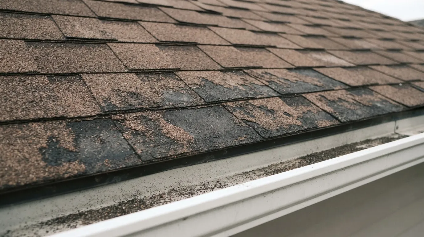 Brown shingles near the eave with bare dark patches where the granules have worn off