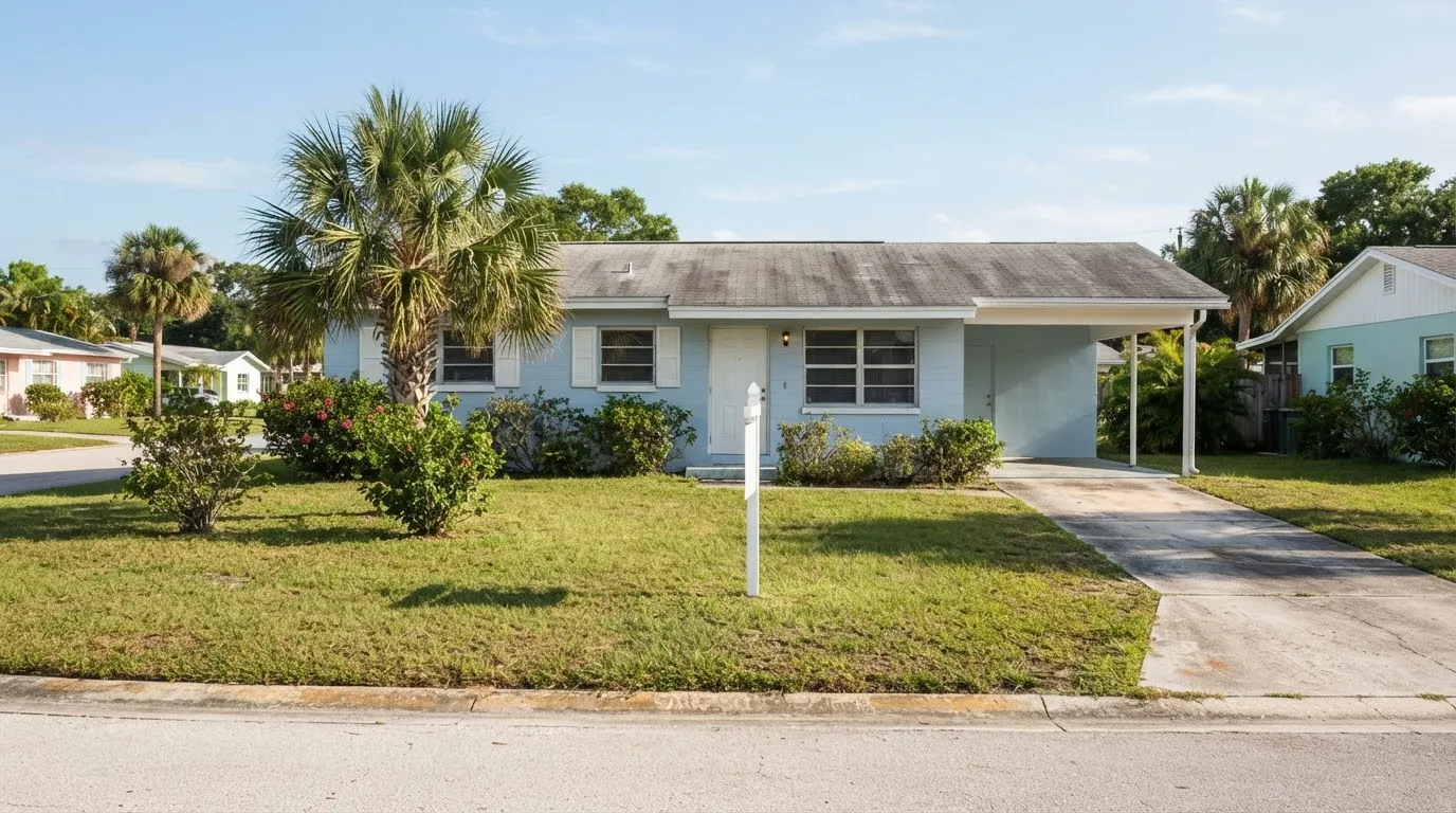 Small light blue block house with a gray shingle roof and a carport