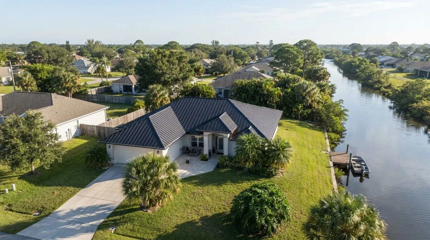 Aerial view of a ranch house with a dark standing seam metal roof beside a canal