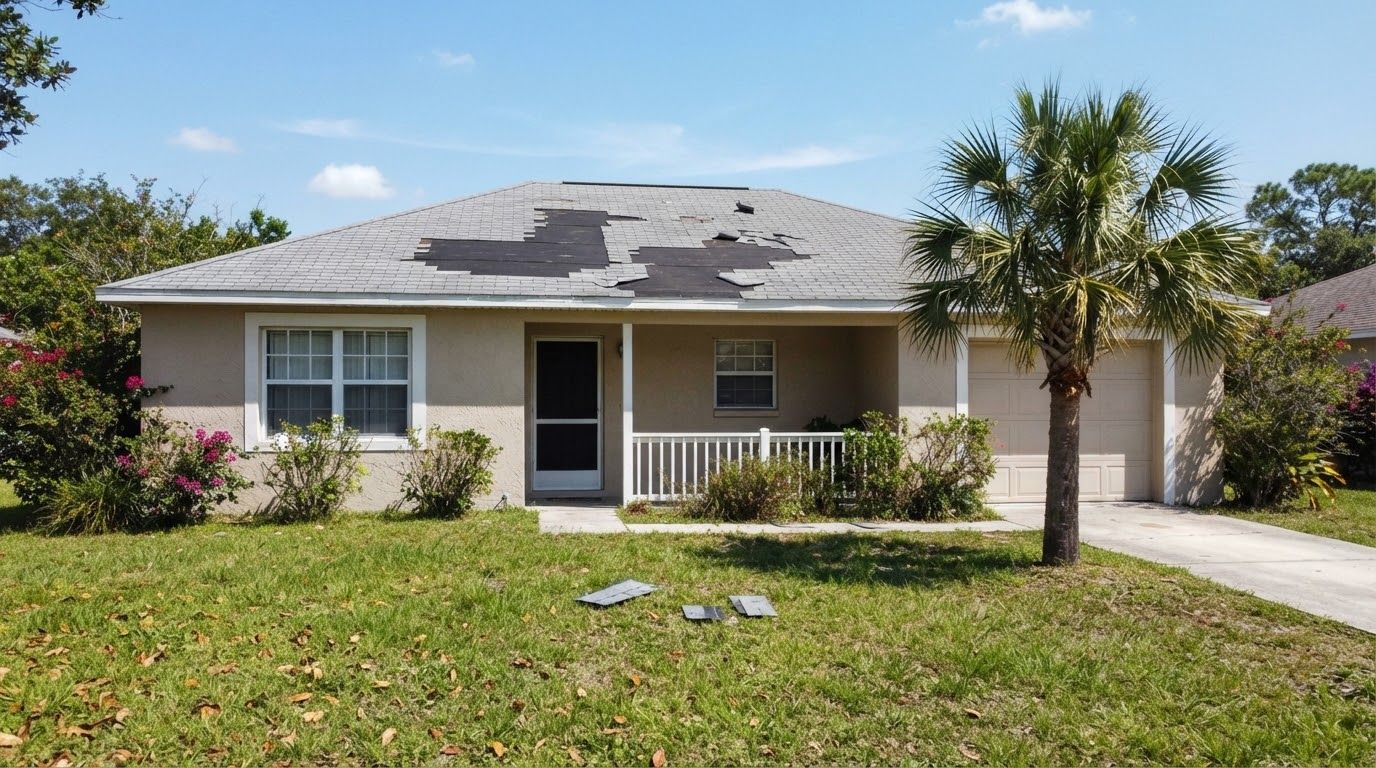 One-story stucco house with patches of missing shingles and a few blown-off shingles on the lawn