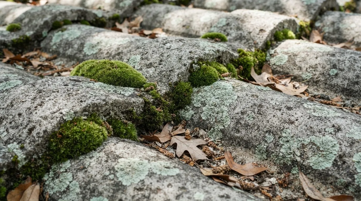 Raised clumps of green moss and flat lichen spots on old gray concrete roof tiles