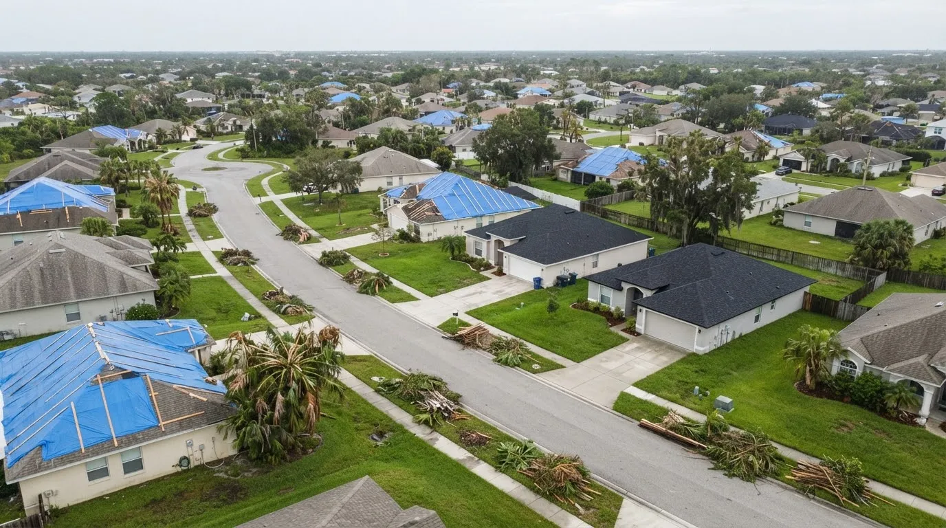 Aerial view of a Florida neighborhood after a storm, some roofs under blue tarps and a few freshly re-roofed