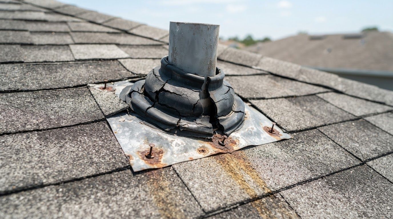 Cracked rubber pipe boot and rusted base flashing around a plumbing vent on a shingle roof