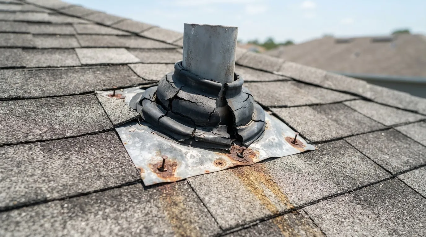 Cracked rubber pipe boot and rusted base flashing around a plumbing vent on a shingle roof