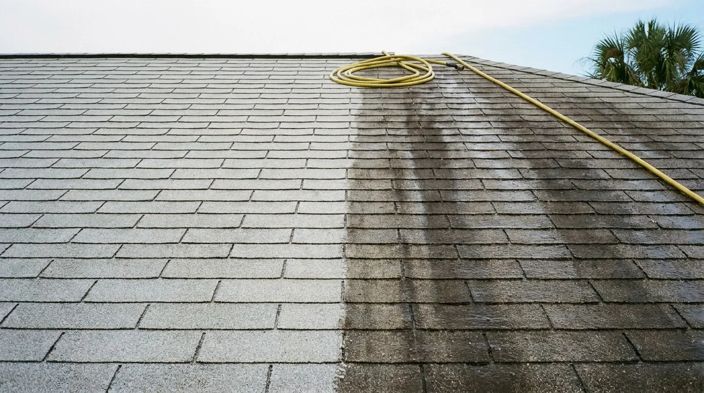 Shingle roof halfway through a soft wash, clean on the left and streaked on the right