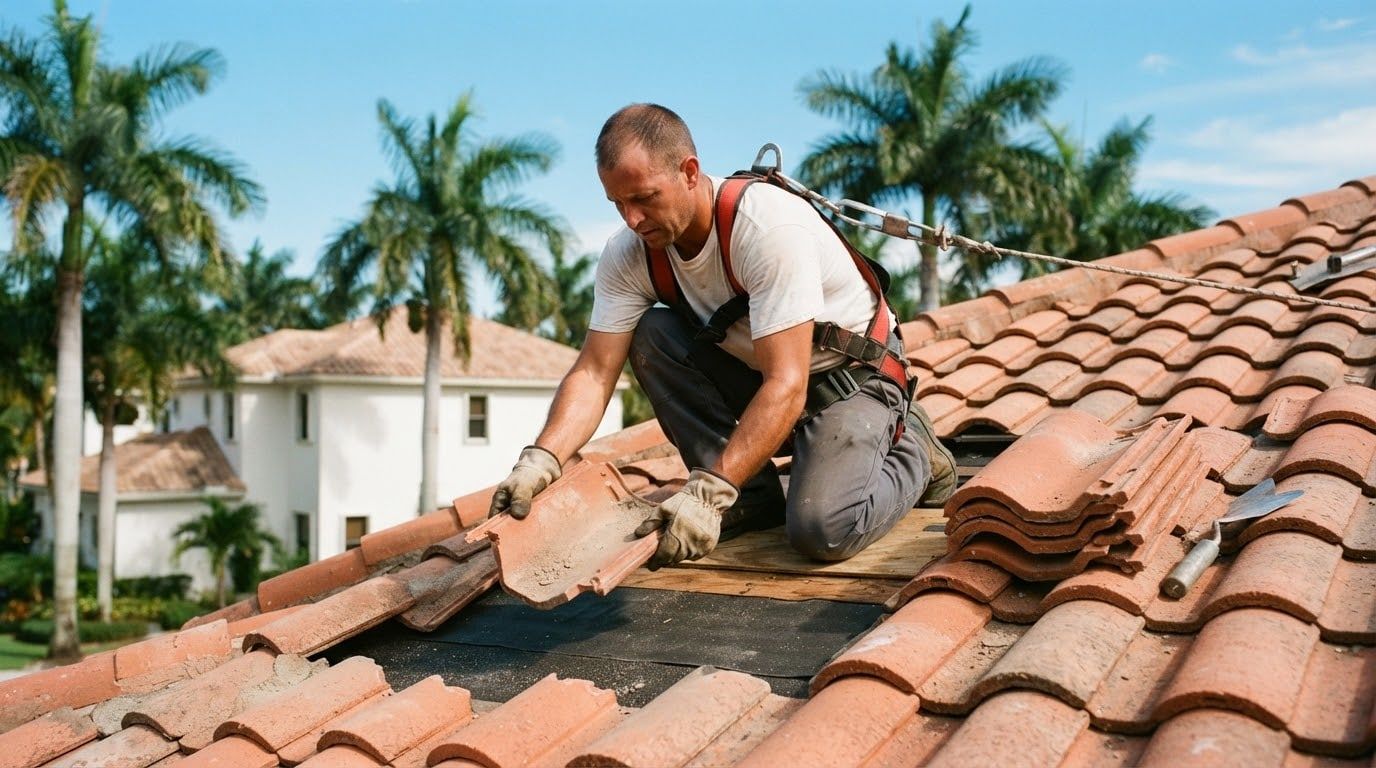 Roofer lifting a cracked barrel clay tile beside a stack of replacement tiles