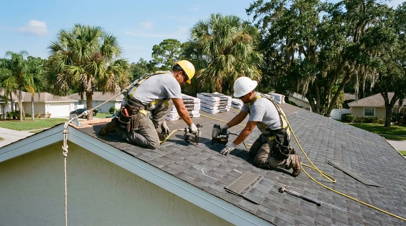 Two roofers in hard hats and harnesses nailing new shingles on a stucco house with palm trees behind