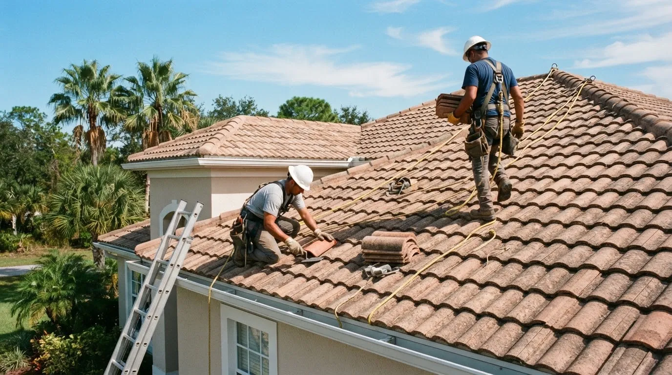Two roofers in harnesses setting terracotta tiles on a two-story stucco house