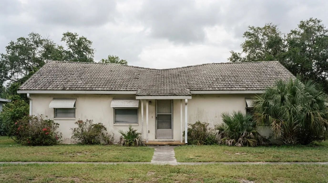 Old one-story house with a gray concrete tile roof whose ridge dips in the middle