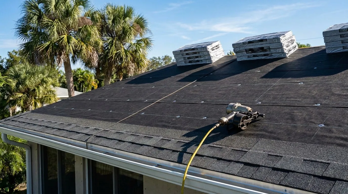 Shingle bundles stacked on the ridge over black underlayment, with the first rows of shingles at the eave
