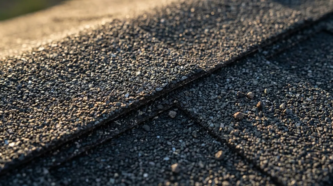Close-up of mineral granules on a dark asphalt shingle, with a few loose ones on top
