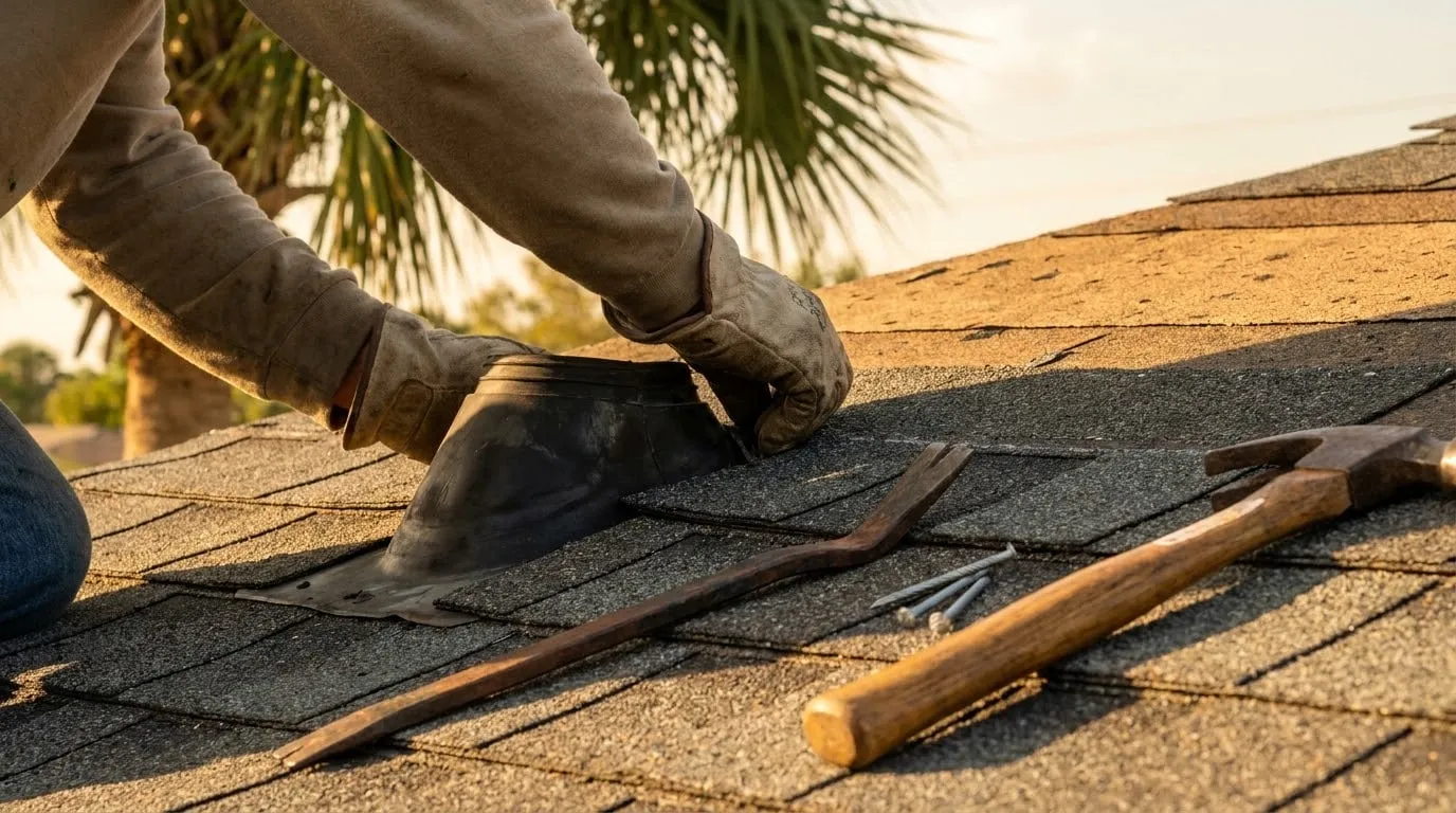 Gloved hands fitting a new shingle on a roof, with a pry bar and hammer beside them