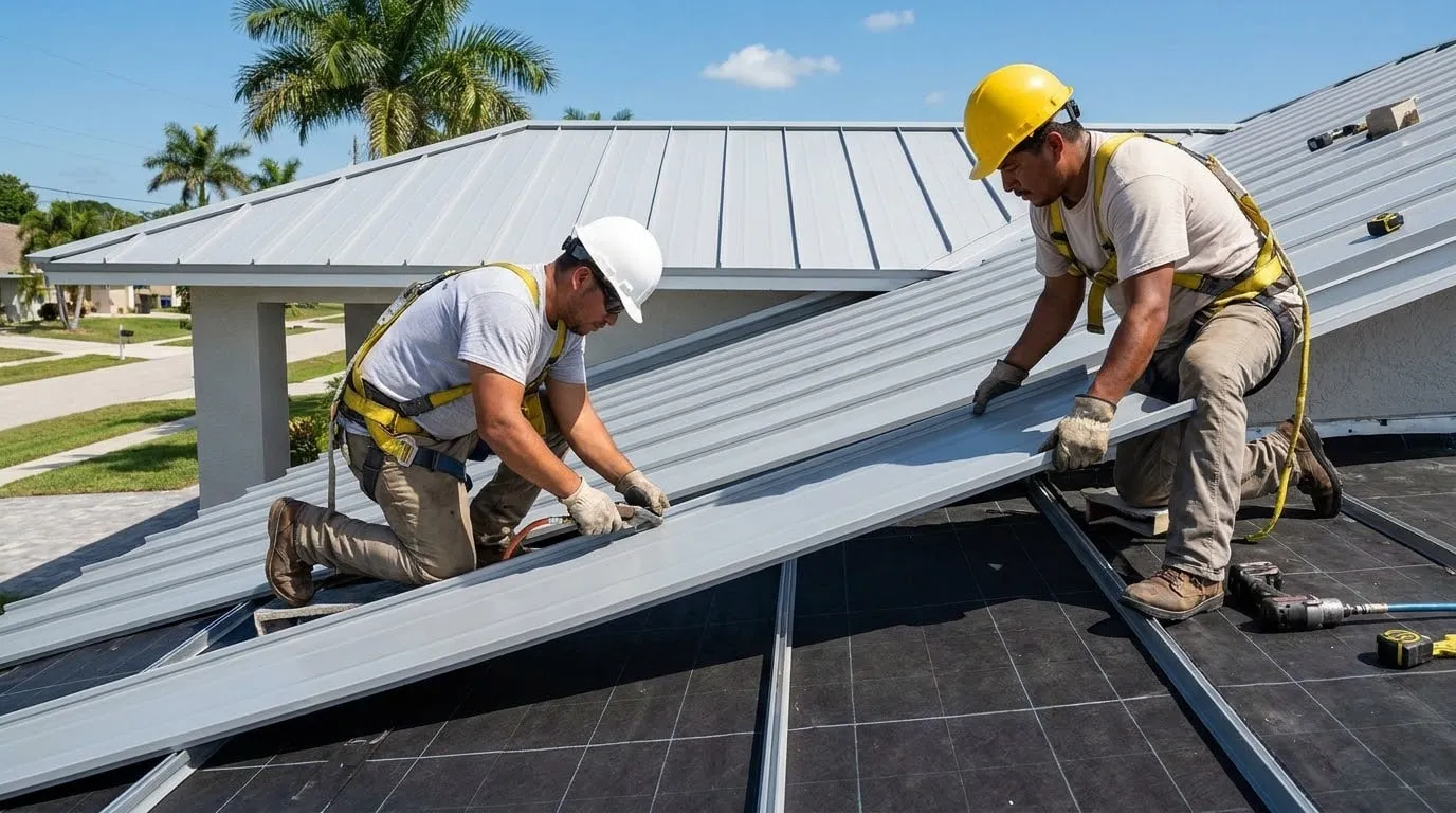 Two installers fastening light gray standing seam metal panels over black underlayment