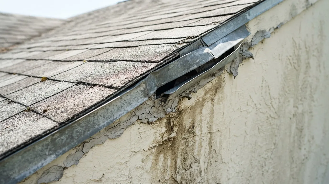 Bent, loose step flashing pulling away from a stucco wall above old shingles, with water stains below