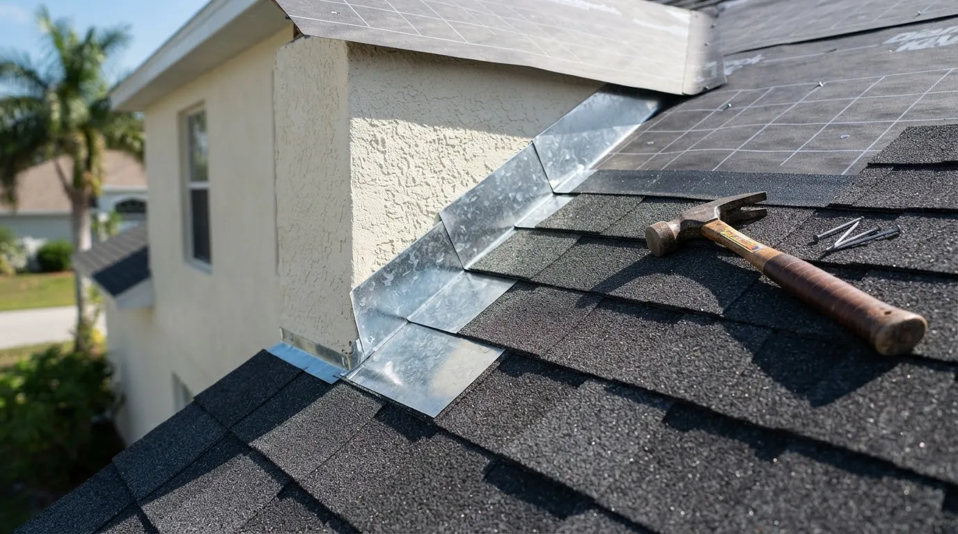 New metal step flashing woven into charcoal shingles where a roof meets a stucco wall