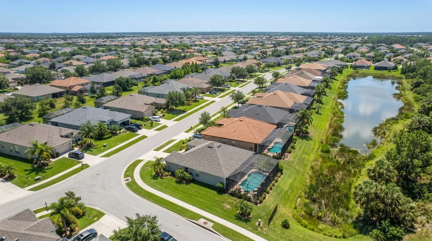 Aerial view of a Florida subdivision with rows of similar shingle and tile roofs and a pond
