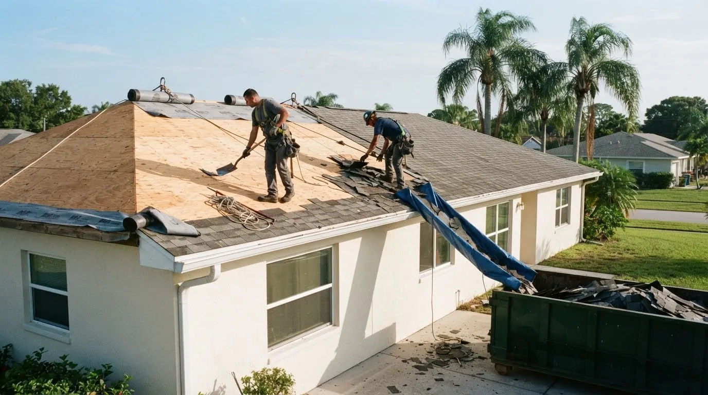 Two roofers tearing off old shingles down to the decking, with debris sliding into a dumpster