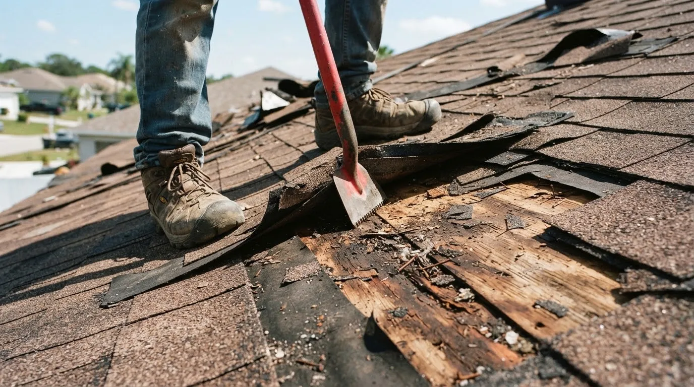 Tear-off shovel lifting old shingles off plywood decking that has a dark, rotted patch