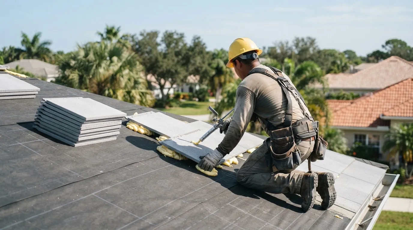 Roofer setting flat concrete tiles onto dabs of foam adhesive over new underlayment