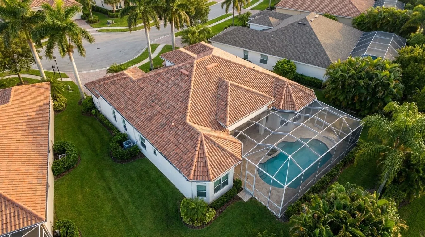 Aerial view of a white stucco house with a terracotta tile roof and a screened pool