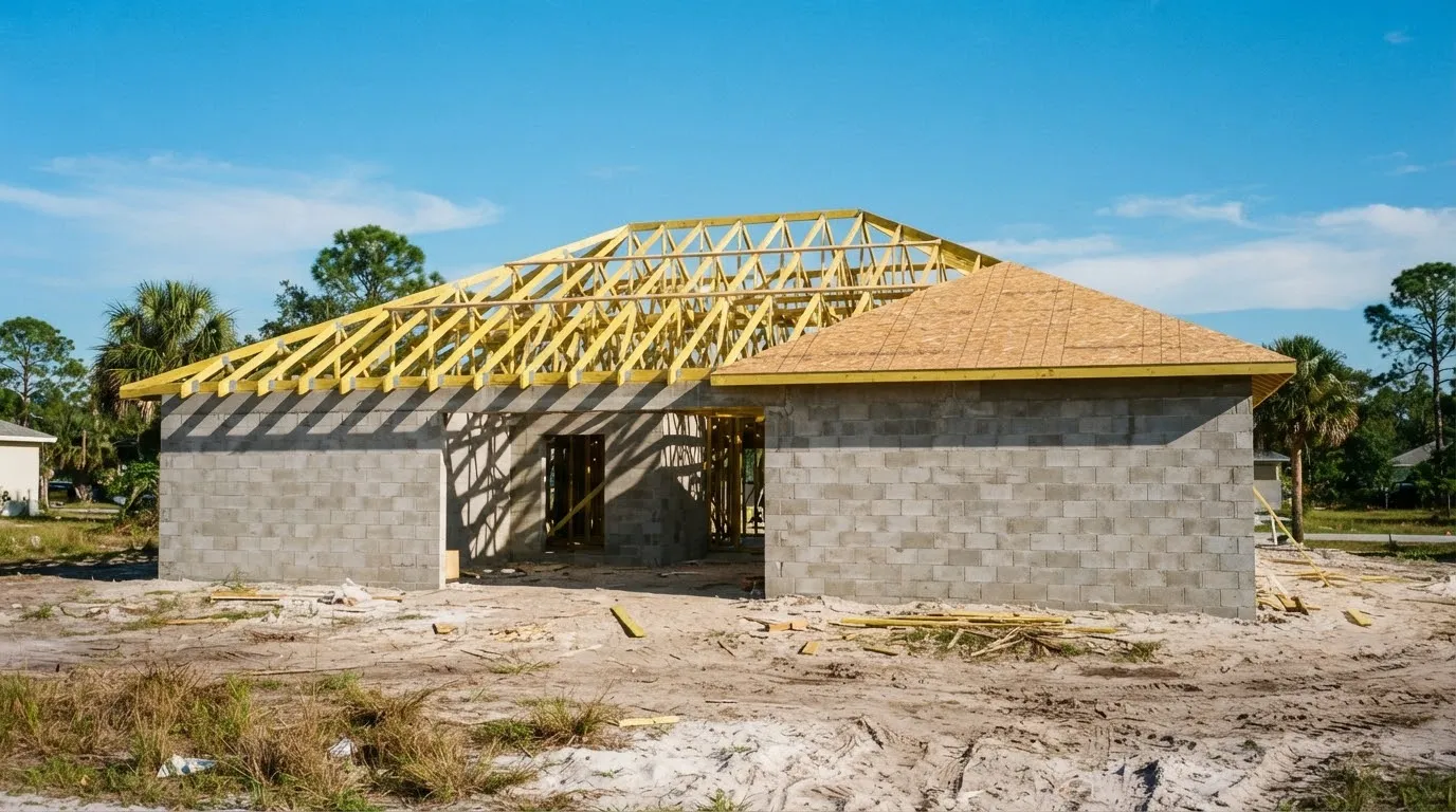 Wood roof trusses set on the block walls of a new house, with the first sheets of decking nailed on