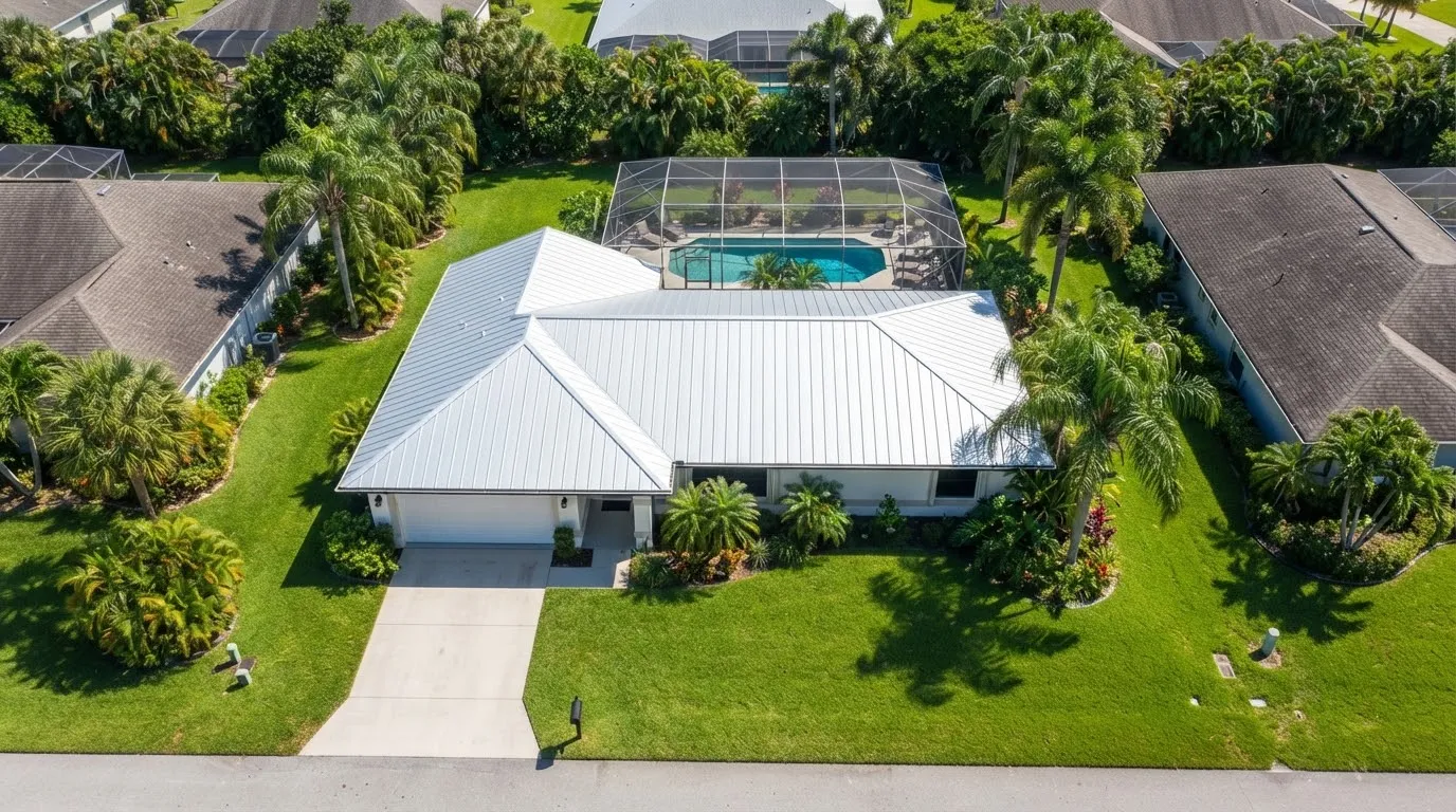 Aerial view of a house with a white standing seam metal roof between shingle-roofed neighbors