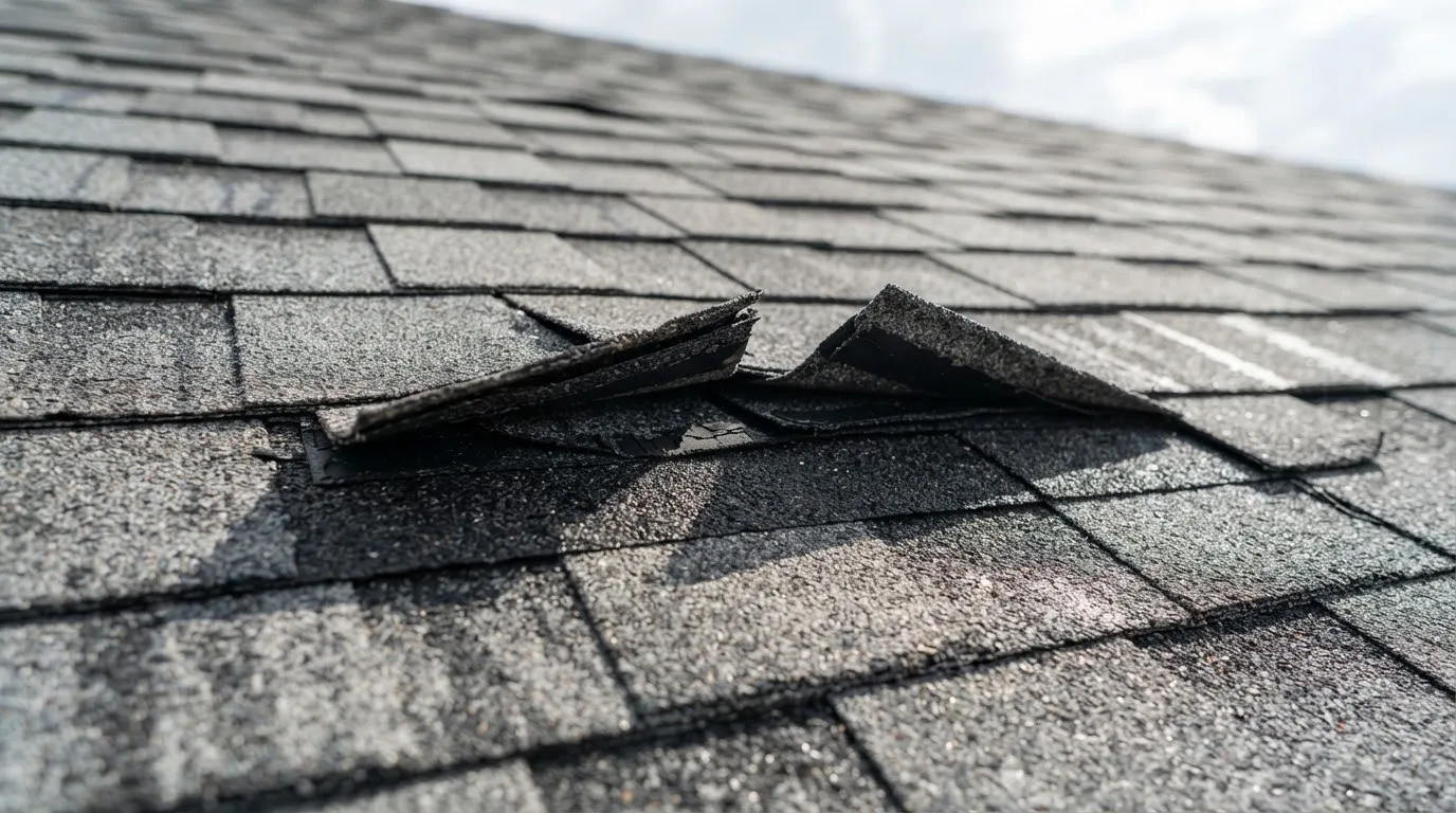 Gray shingle tabs creased and folded back along a row after high wind, two torn off